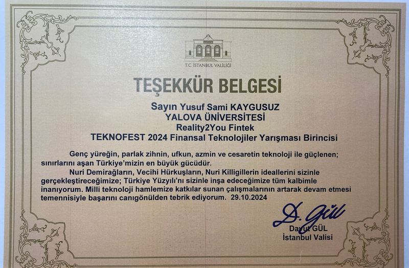 İstanbul Valiliği teşekkür belgesi